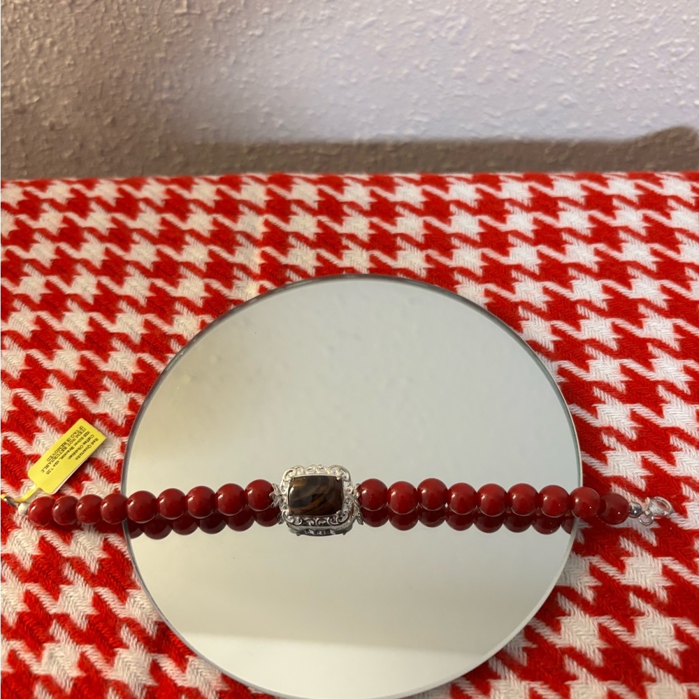 Elegant Red Quartzite Beaded Necklace with Coffee Obsidian and Silver Accents - Picture 2 of 11